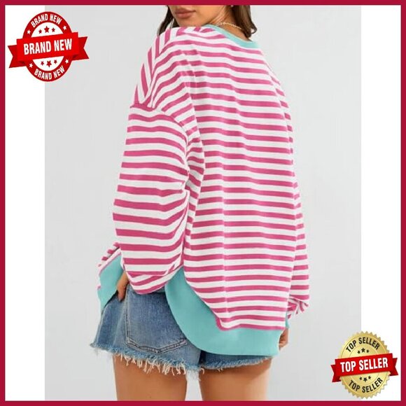 Oversized Striped Sweatshirt Crewneck Pullover Long Sleeve Loose Fit - Picture 3 of 8